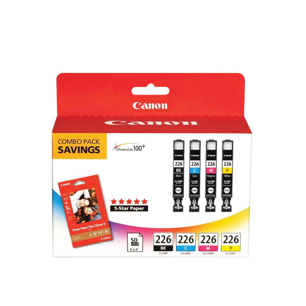 Canon CLI-226 4-Color Ink Tank with 50 Sheets 4x6 Photo Paper Plus Glossy II