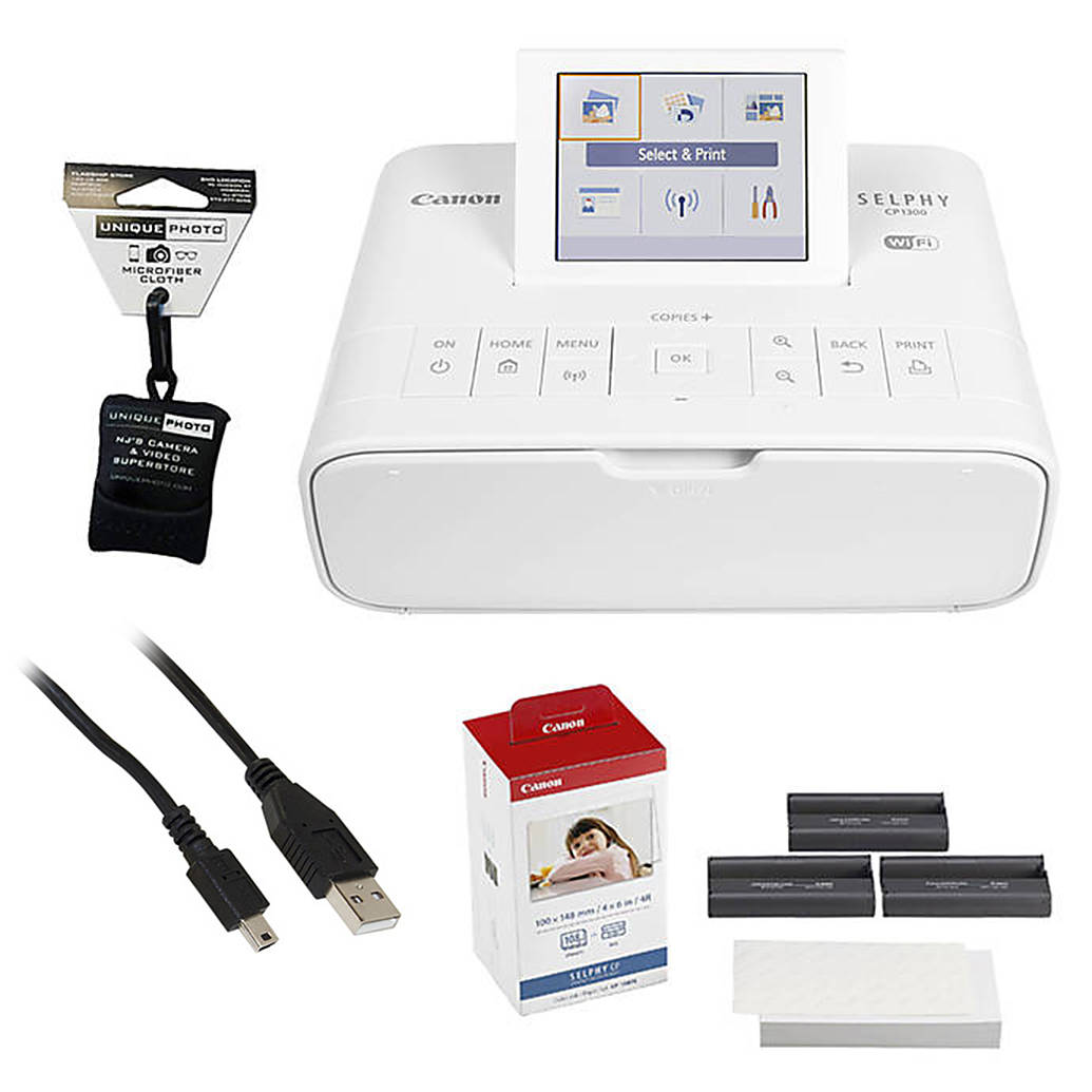 Canon SELPHY CP1300 Compact Photo Printer (White) w/ KP-108 Cloth  and  Cable
