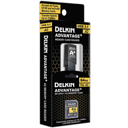 Delkin ADVANTAGE PLUS UHS-I A2 64GB SDXC w/Reader 170MB/s Read 90MB/s Write