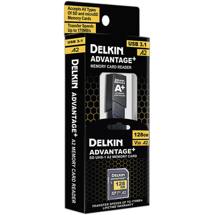 Delkin ADVANTAGE PLUS UHS-I A2 128GB SDXC w/Reader 170MB/s Read 90MB/s Write