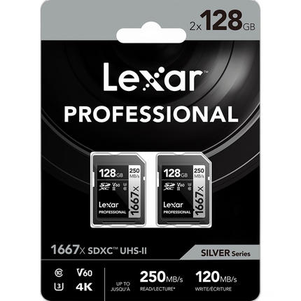 Lexar 128GB Professional 1667x UHS-II U3 V60 Class 10 SDXC Memory Card (2-Pa