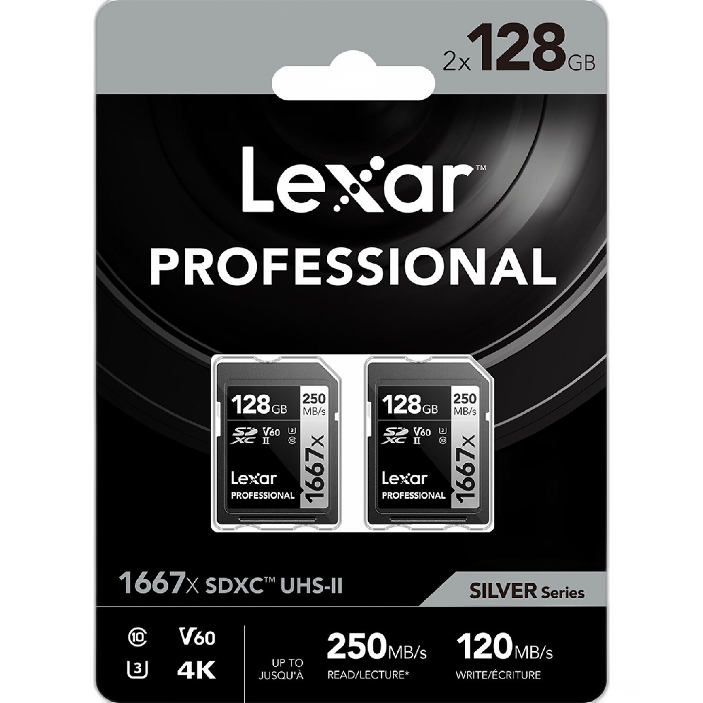 Lexar 128GB Professional 1667x UHS-II U3 V60 Class 10 SDXC Memory Card (2-Pa