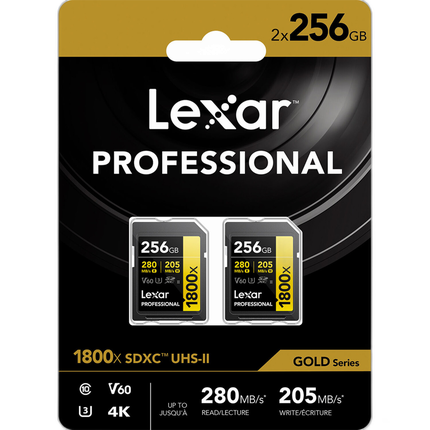 Lexar 256GB Professional 1800x UHS-II U3 Class 10 SDXC GOLD Series Memory Ca