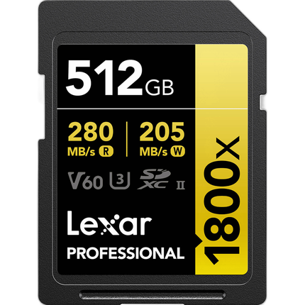 Lexar 512GB Professional 1800x UHS-II U3 Class 10 SDXC GOLD Series Memory Ca