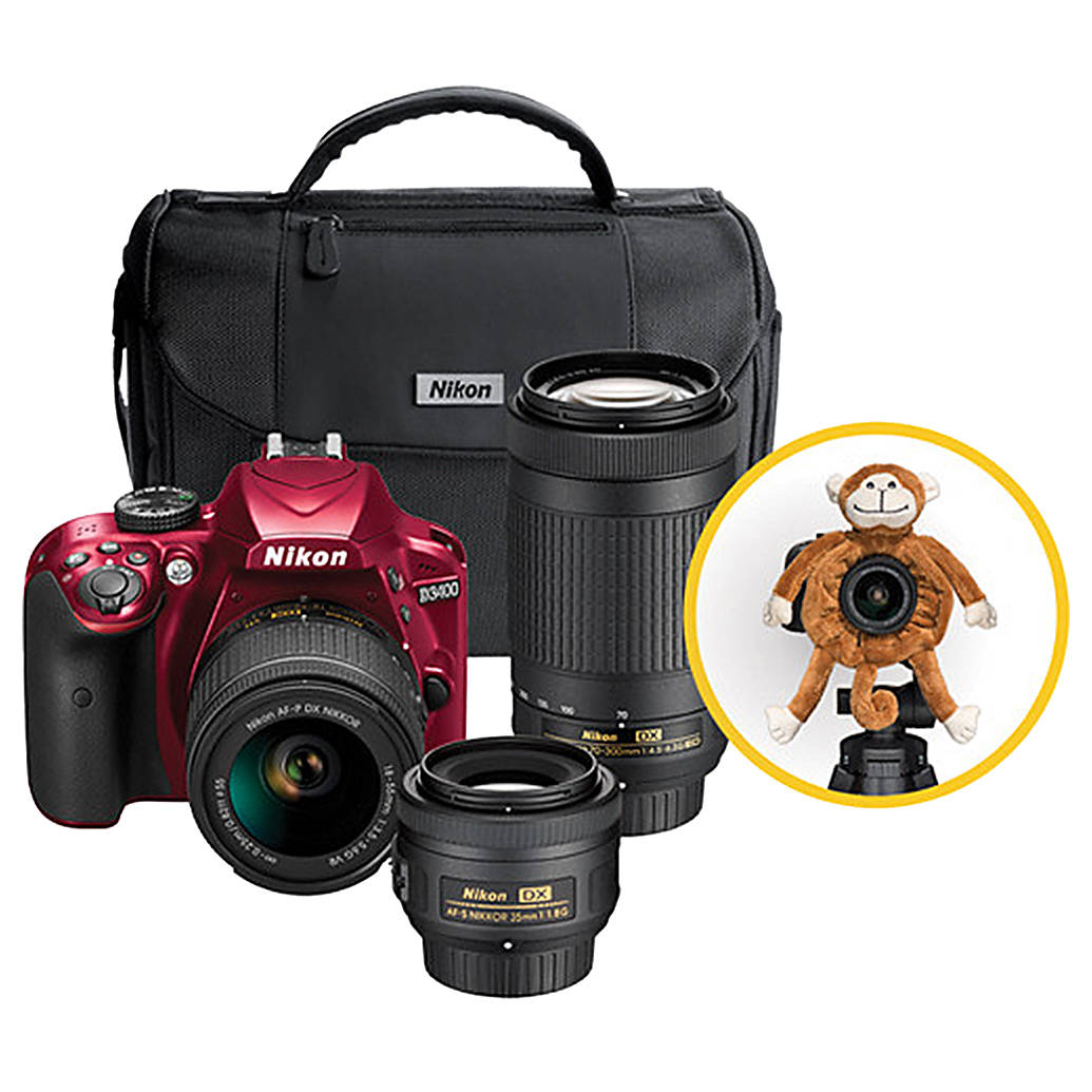 Nikon D3400 DSLR Triple Lens Parents Camera Kit - Red