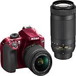 Nikon D3400 DSLR Red with 18-55mm f/3.5-5.6G VR  and  70-300mm f/4.5-6.3G ED 0
