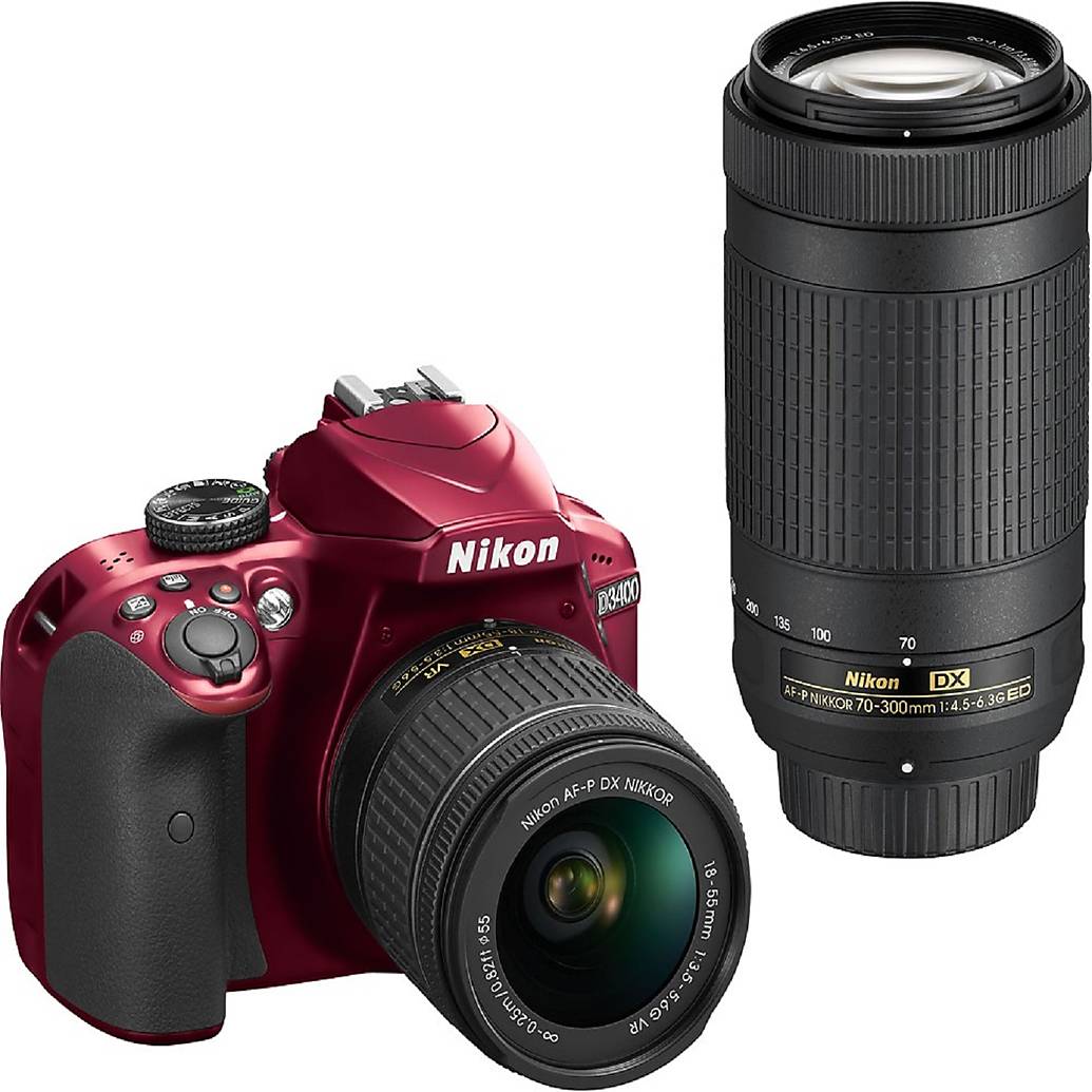 Nikon D3400 DSLR Red with 18-55mm f/3.5-5.6G VR and 70-300mm f/4.5-6.3G ED