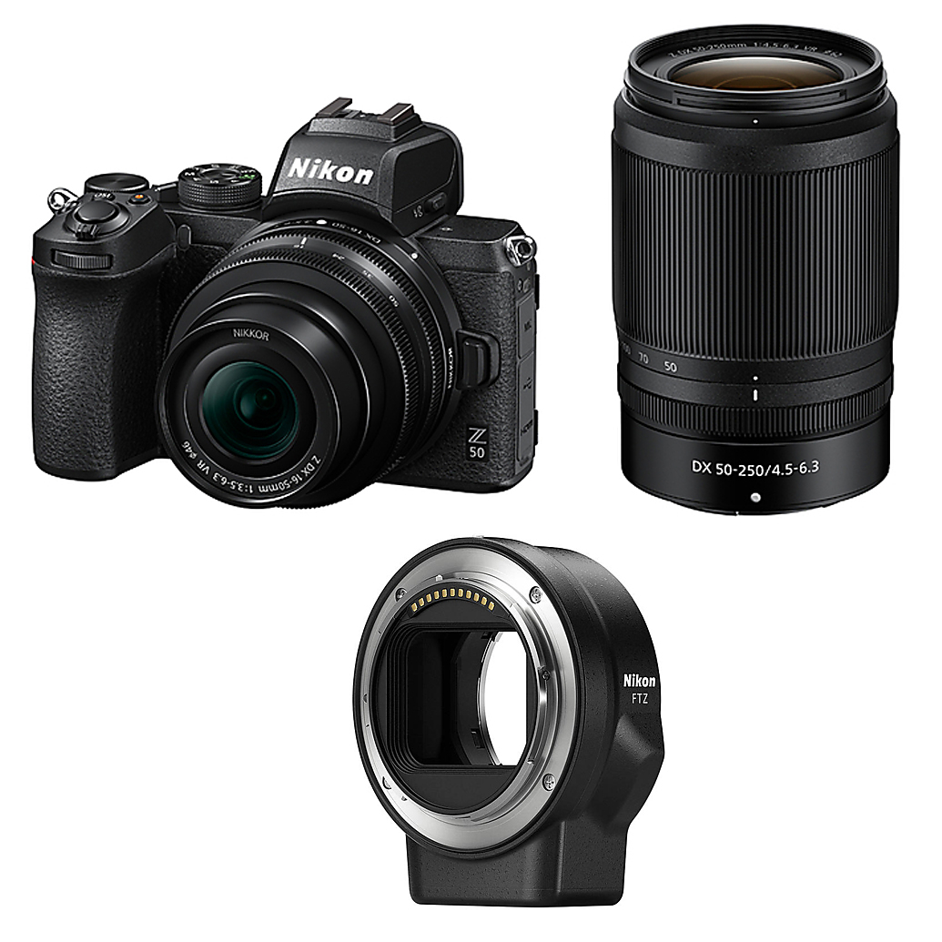 Nikon Z50 Mirrorless Digital Camera with 16-50mm, 50-250mm  and  FTZ Adapter