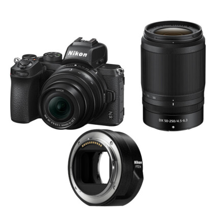 Nikon Z50 Mirrorless Digital Camera with 16-50mm, 50-250mm, and FTZ II Adapter