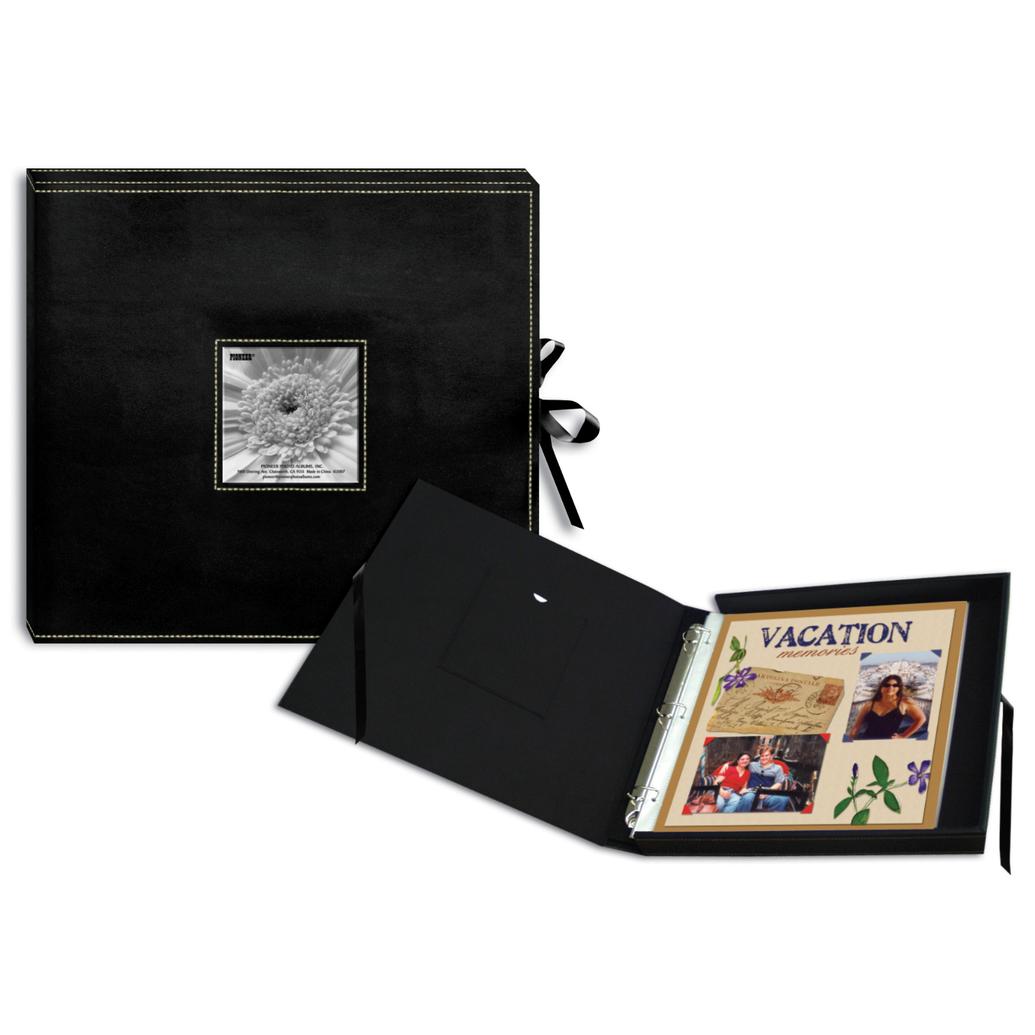 Pioneer Sewn 3-Ring Frame Scrapbook Boxes with Ribbon Closure - Black