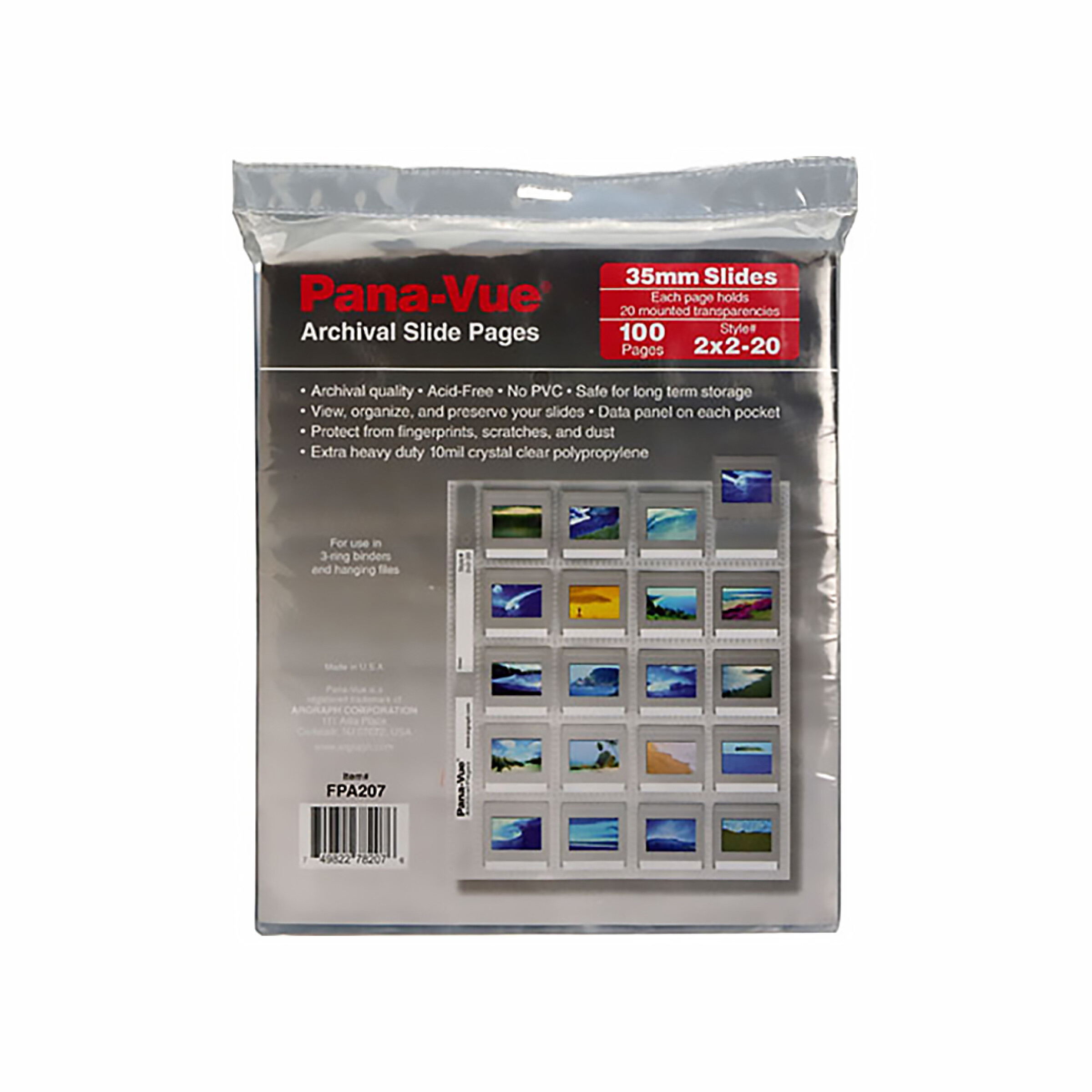 Pana-Vue Archival Storage Slide Pages for 35mm Slides (2x2-20, 100 Pack)