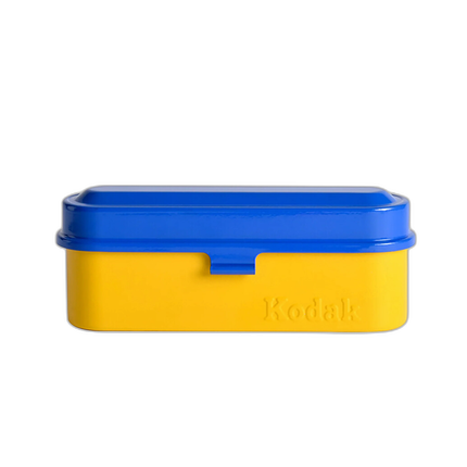 Kodak steel 135 film case w/ blue lid and yellow body