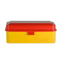 Kodak steel 120/135 film case w/ red lid and yellow body 0