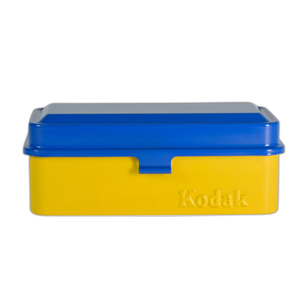 Kodak steel 120/135 film case w/ blue lid and yellow body