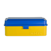 Kodak steel 120/135 film case w/ blue lid and yellow body 0