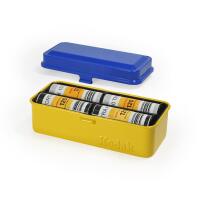 Kodak steel 120/135 film case w/ blue lid and yellow body 8