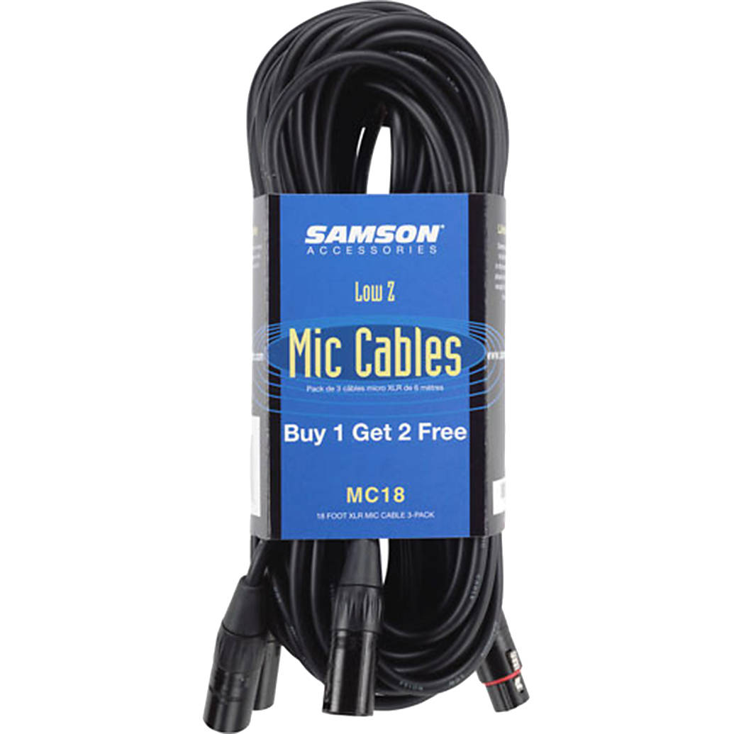Samson 3-Pin XLR Male to XLR Female Microphone Cable (3-Pack) - 18