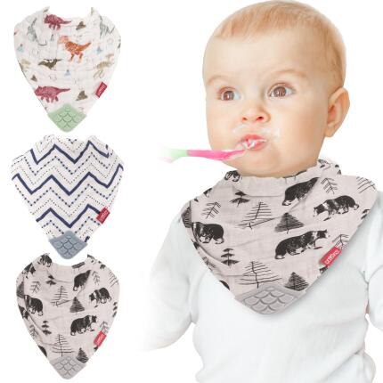 Nuby 3Pk Muslin Bandana Teeth Bib Bear Dinosaurs Blue Strip