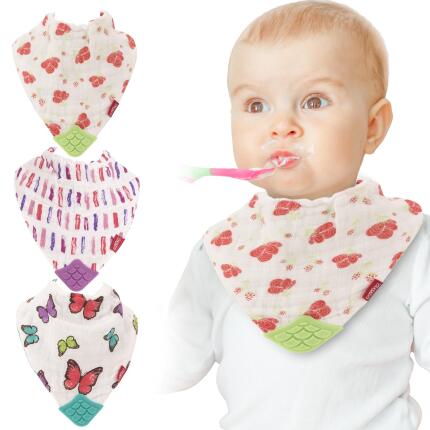 Nuby 3Pk Muslin Bandana Teeth Bib Butterfly Flowers Pink Strip