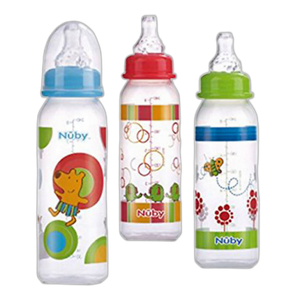 Nuby 8oz Clear Round with Silicone Nipple Printed Bottle