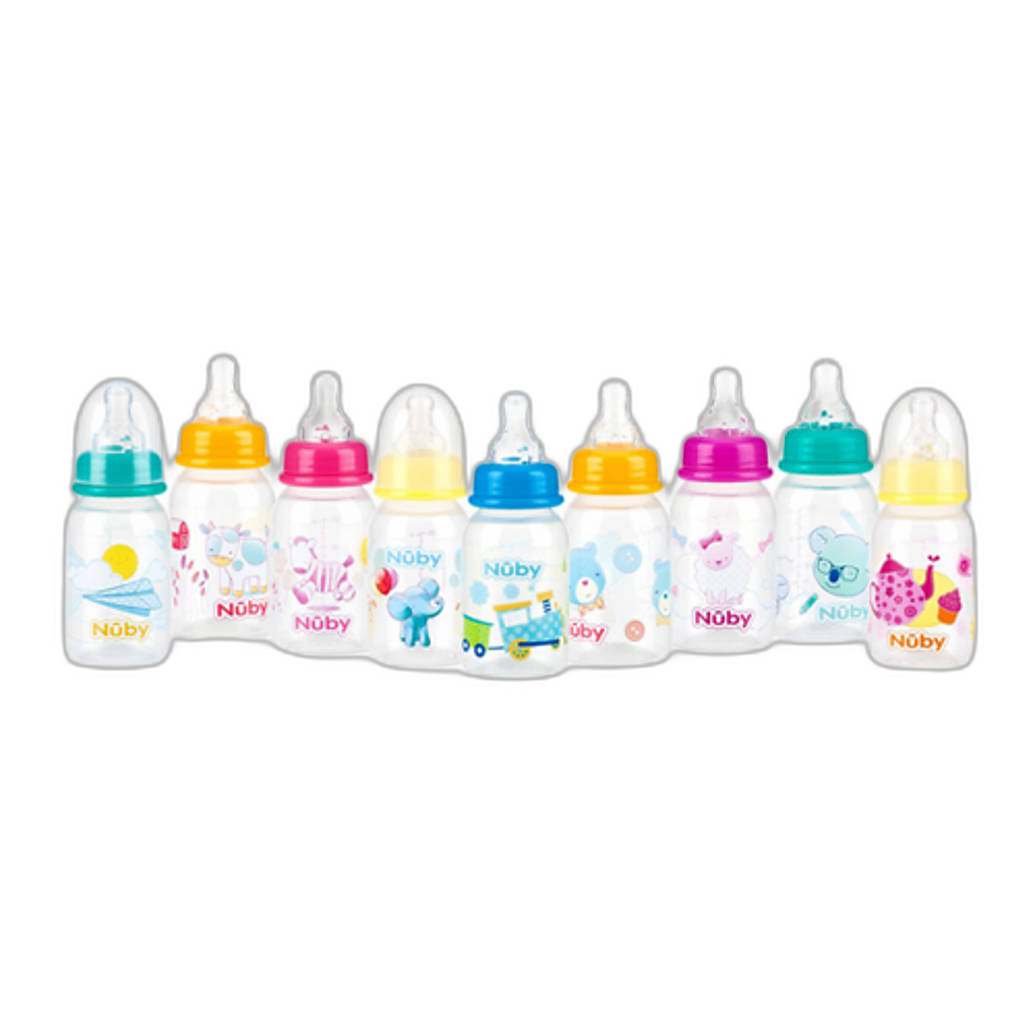 Nuby 4oz Clear Round with Silicone Nipple Printed Bottle