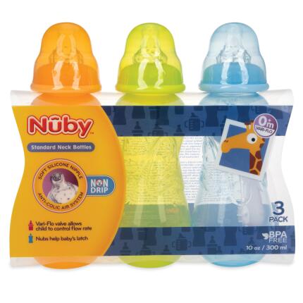 Nuby 3Pk 10Oz No Spill Bottles-Boy Blue Yellow And Green